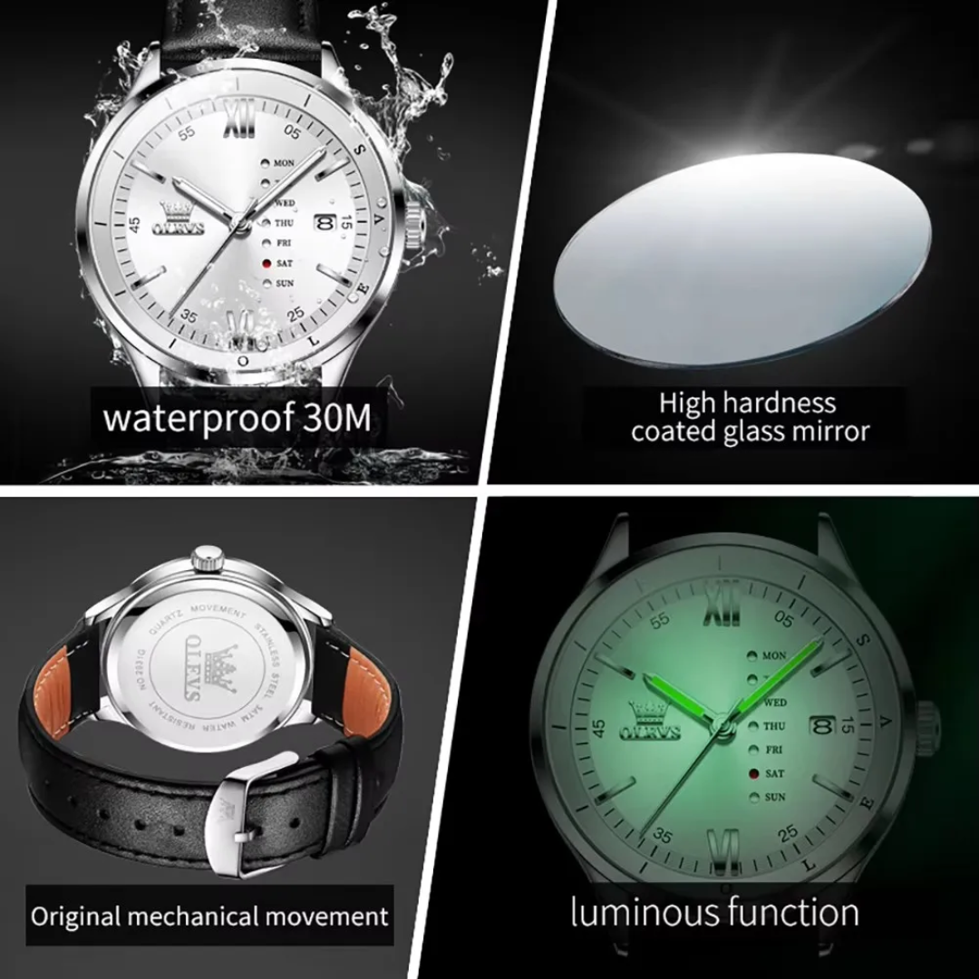 Montre Quartz original OLEVS "Prestige" – Calendrier Complet Bracelet Cuir Élite