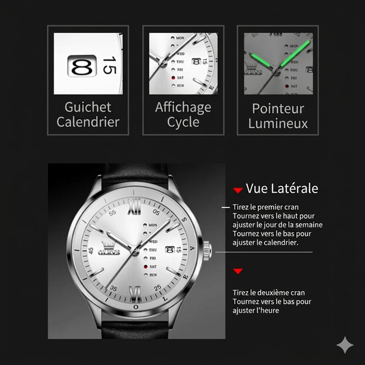 Montre Quartz original OLEVS "Prestige" – Calendrier Complet Bracelet Cuir Élite