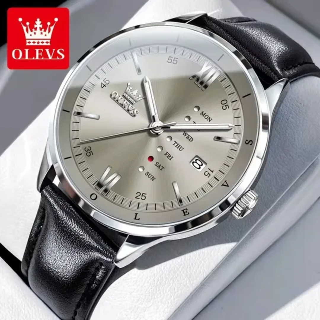 Montre Quartz original OLEVS "Prestige" – Calendrier Complet Bracelet Cuir Élite