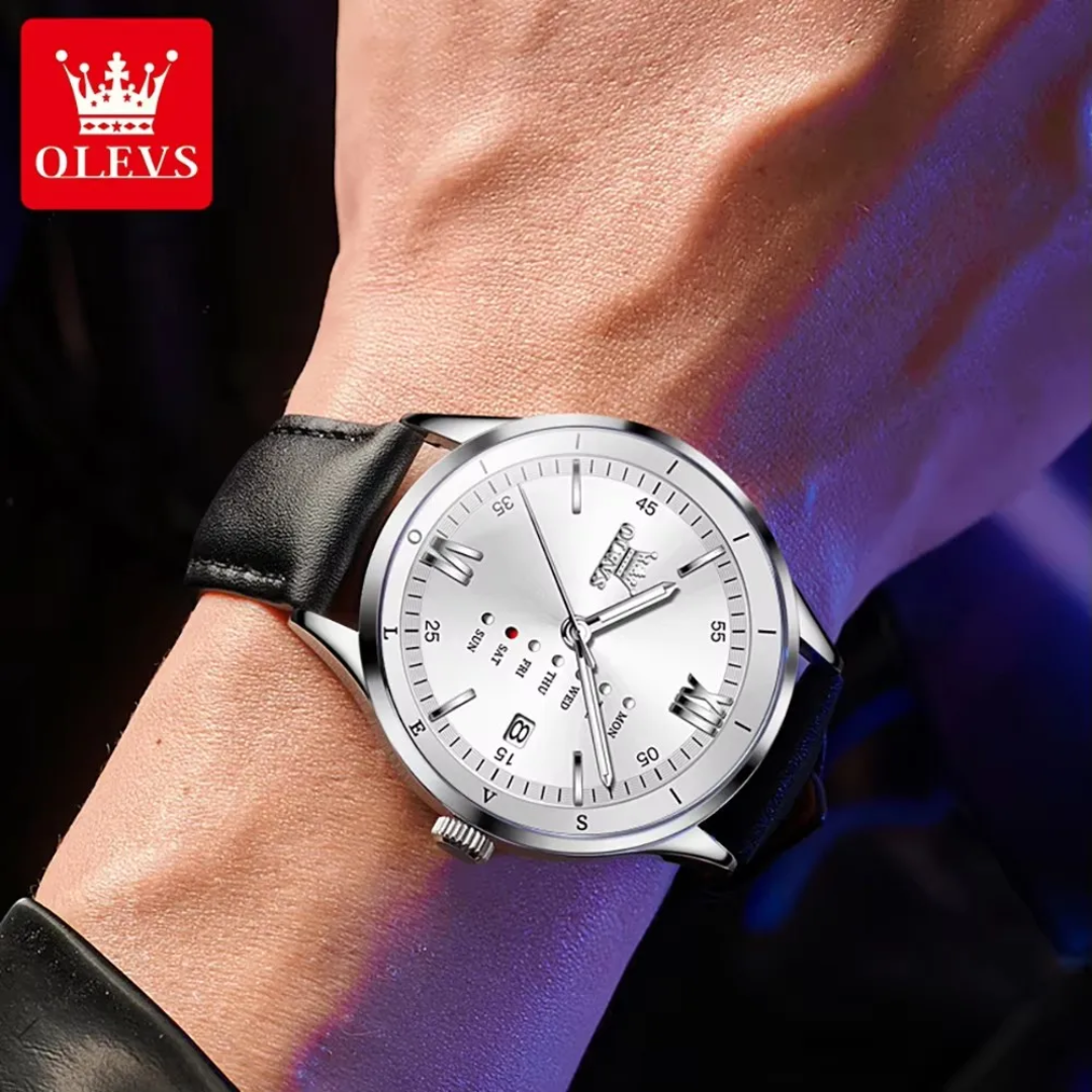 Montre Quartz original OLEVS "Prestige" – Calendrier Complet Bracelet Cuir Élite