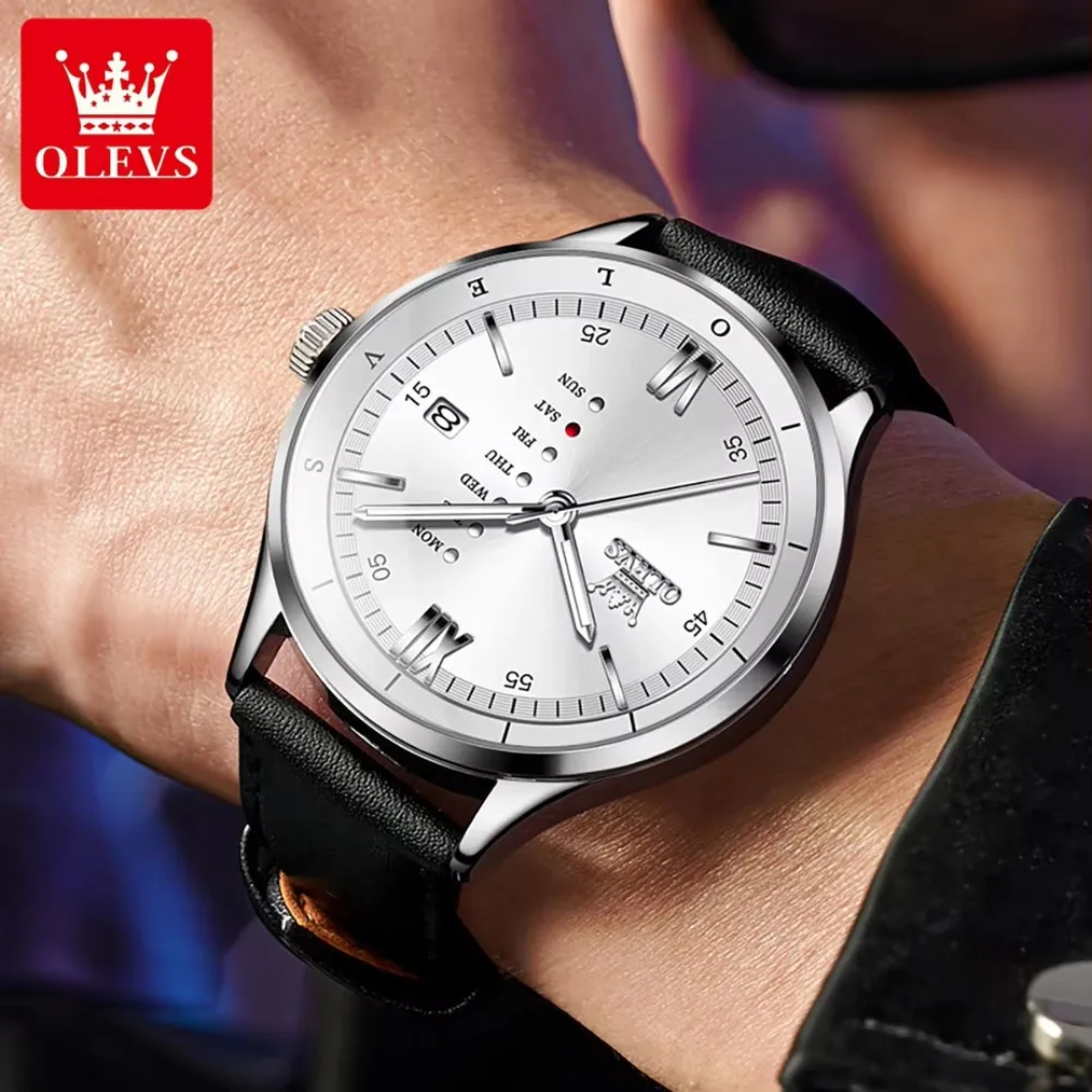 Montre Quartz original OLEVS "Prestige" – Calendrier Complet Bracelet Cuir Élite